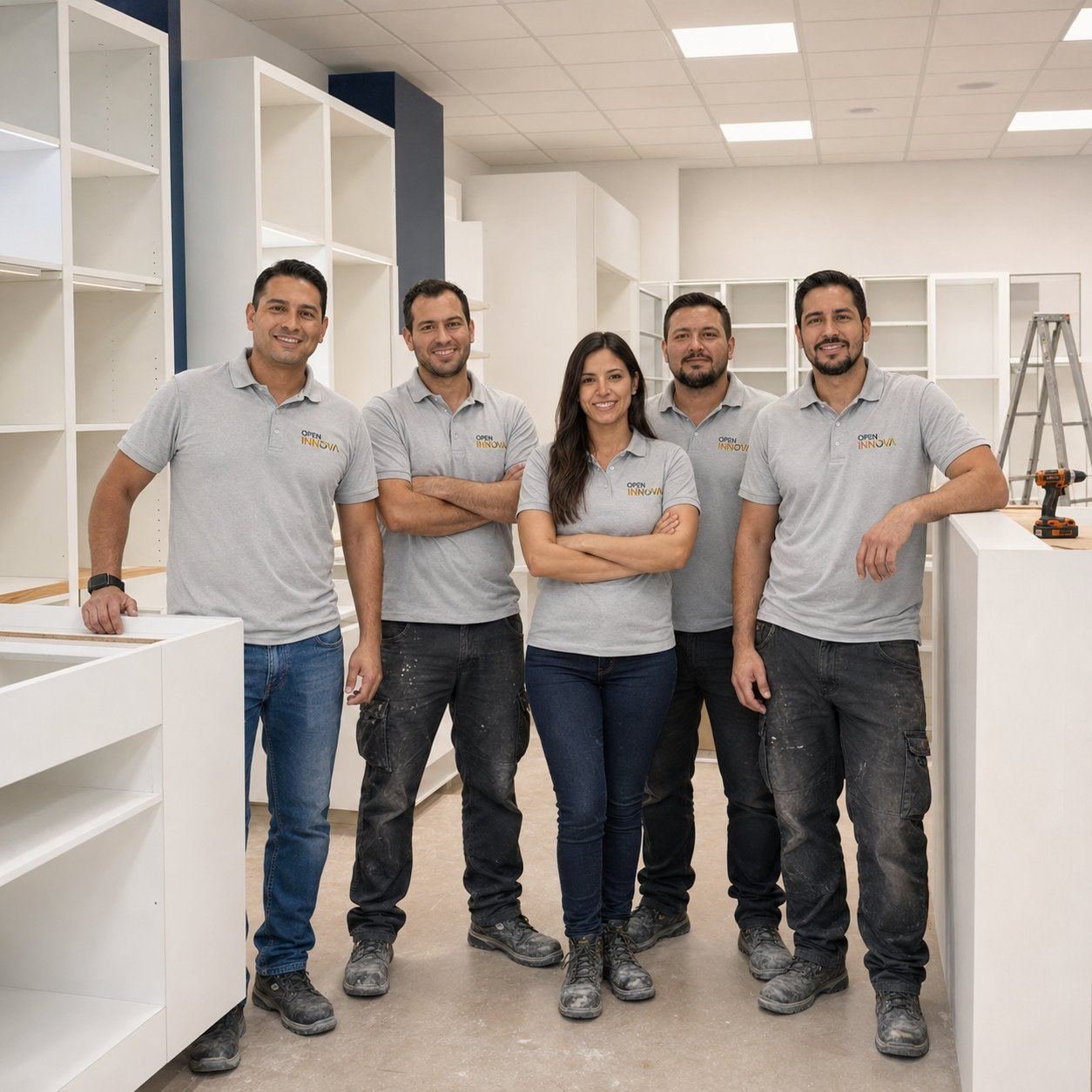 Equipo de OpenInnova instalando mobiliario en un local comercial
