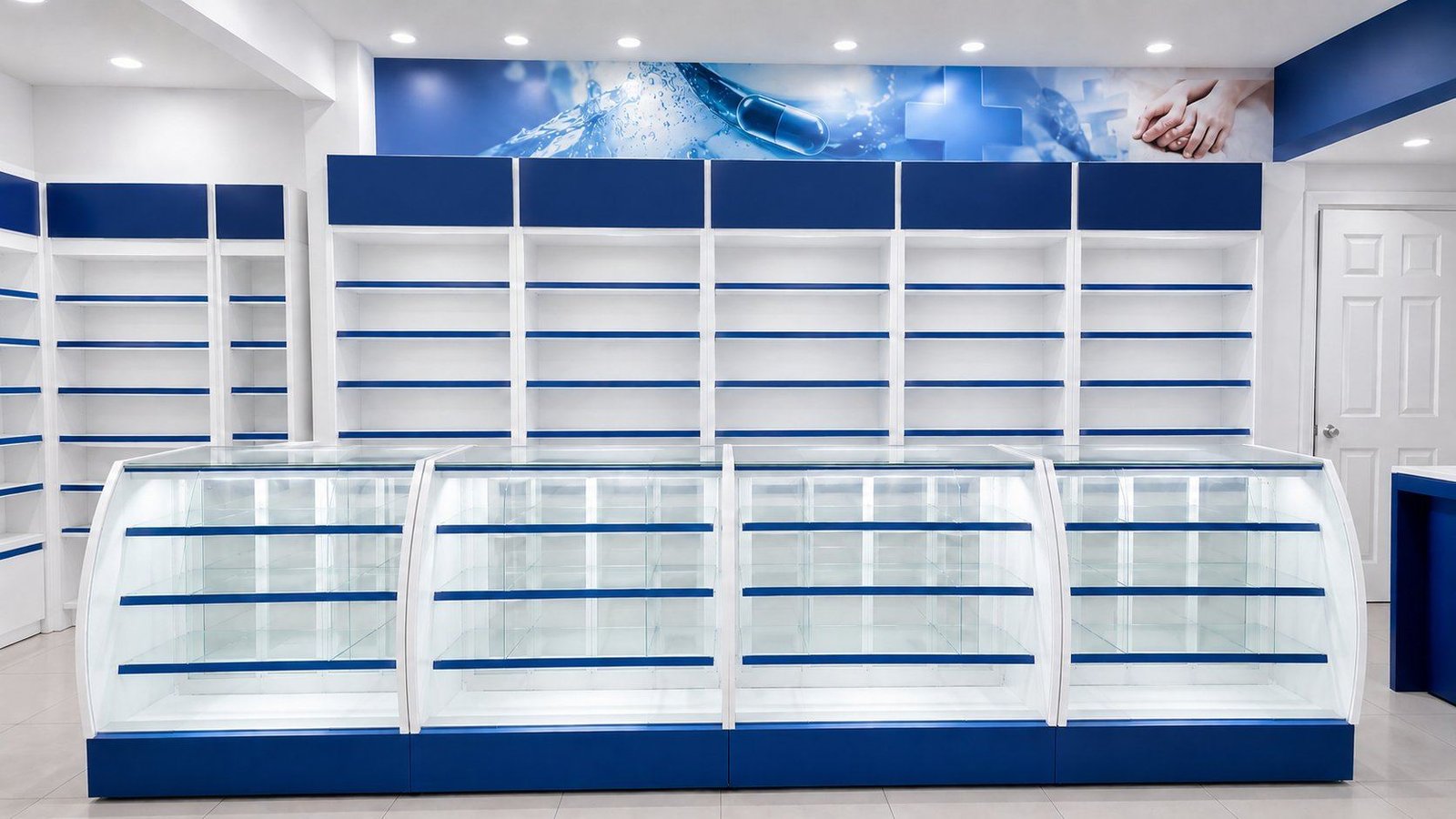 Farmacia equipada por OpenInnova: mobiliario, vitrinas y señalización de categorías